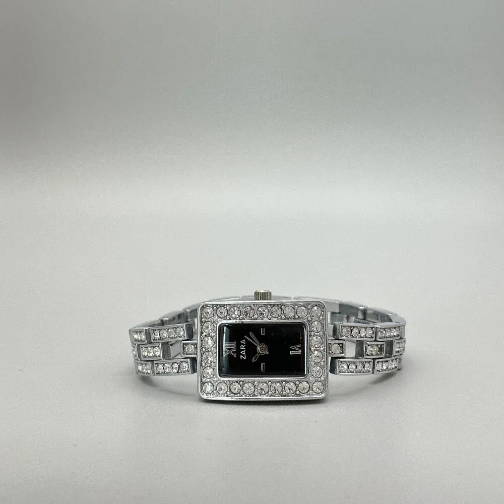 Zara FA0179 Womens Watch 19mm Black Dial Silver Tone Crystals New Battery 7